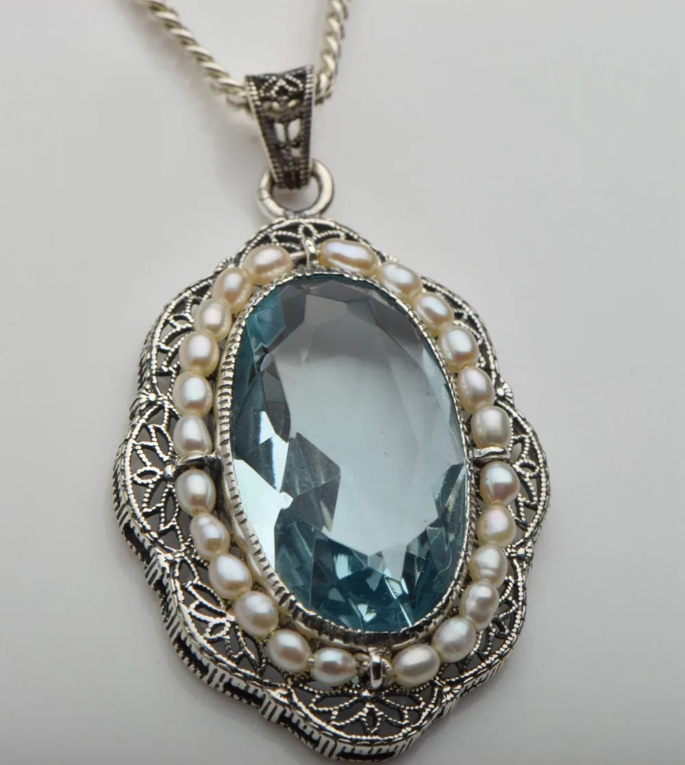

Free shipping 2015 fashion Edward authentic explosion in 1910 10.1 ct aquamarine silver filigree natural pearl women's pendant