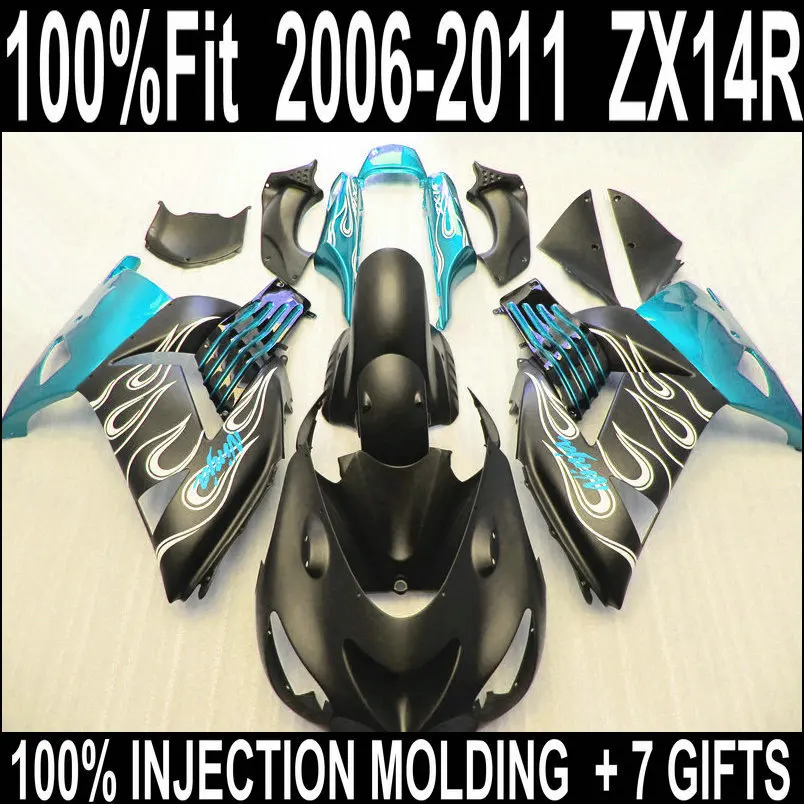 

High quality fairings for Kawasaki zx14r 06-11 light blue black with white flames fairings Ninja ZX14 2006 - 2011 fairing set