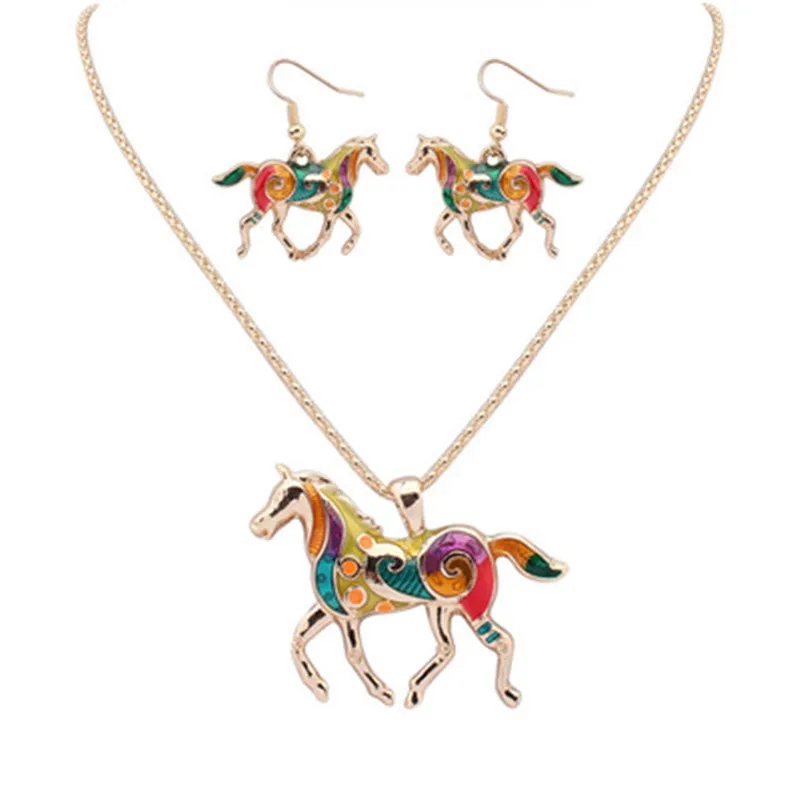 

Hot Style European American Creative Fashion Oil Rainbow Golden Horse Jewelry set Colored Animal Necklace Earrings Set G0501