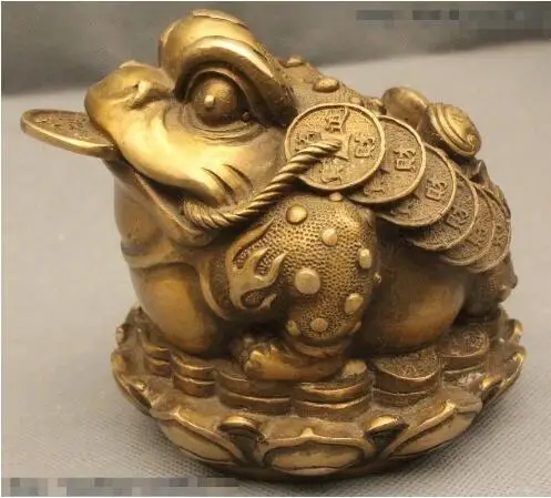 YM 306 5&quot Chinese Folk Feng Shui Wealth Brass Golden Toad Spittor Coin Yuan Bao Statue | Дом и сад