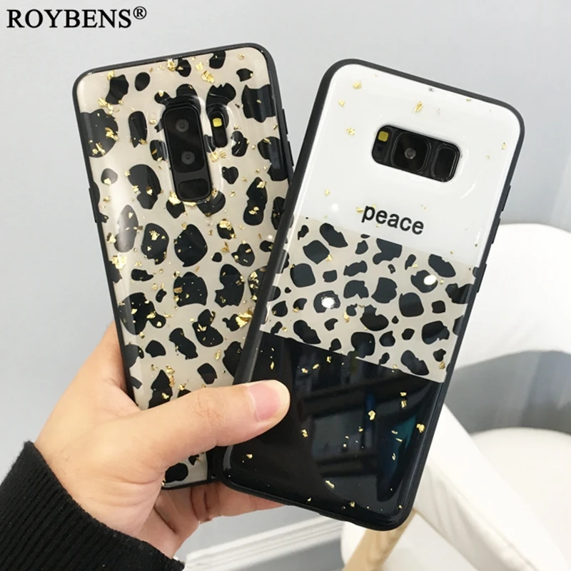 

Roybens Gold Foil Bling Leopard Print Cases For Samaung Galaxy S10 S9 Plus Hole Soft TPU Cover Galaxy Note 9 8 Glitter Back Case