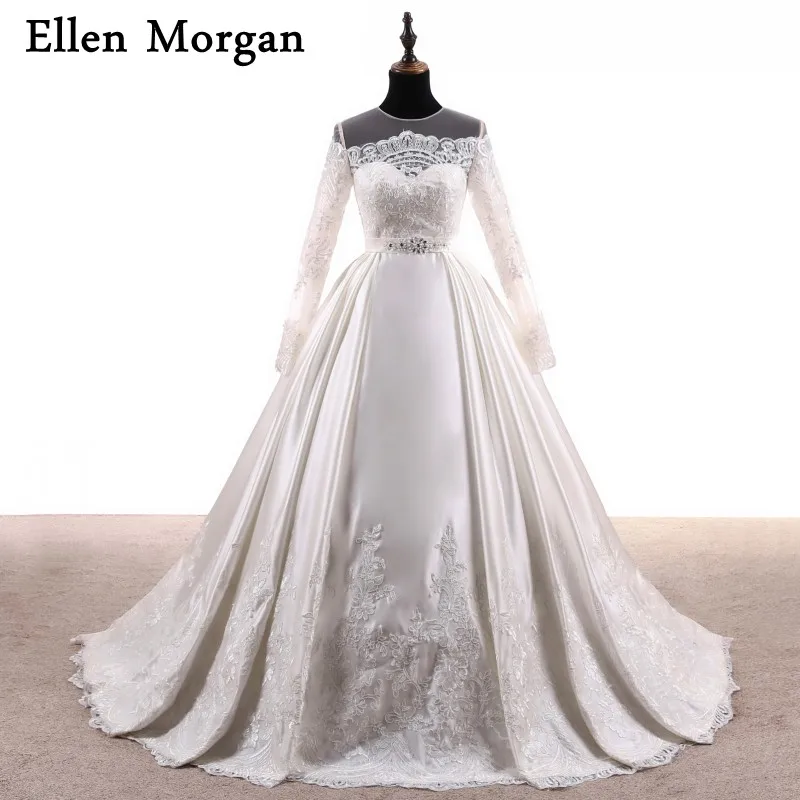 Long Sleeve Lace Ball Gowns Wedding Dresses 2019 Real Photos Elegant Custom Made Sheer Neck Satin Lace Jurken Ivory Bridal Gowns Bridal Gown Lace Ball Gowngown Wedding Aliexpress