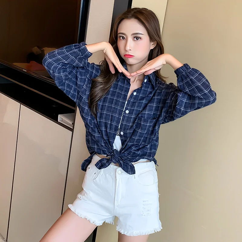 2019 Autumn New Women's Shirt Korean Fashion Classic Plaid Design Split Loose Women Long Sleeve Shirts Blouse 80s90s Casual