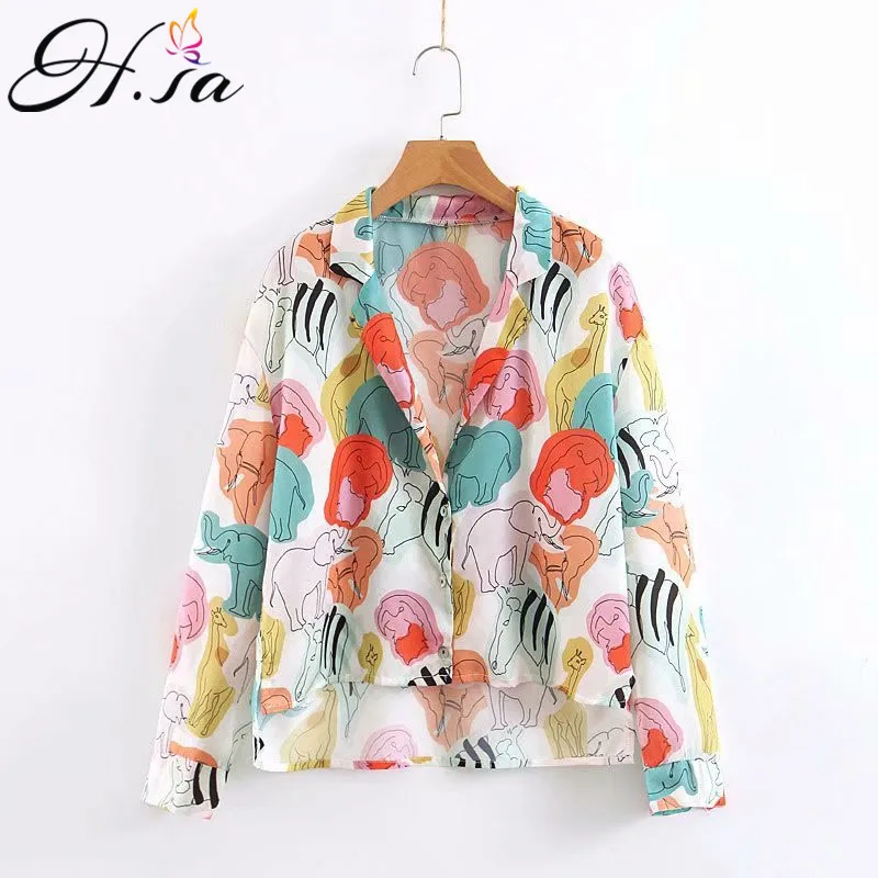 

H.SA Women Summer Clothing Long Sleeve Casual Blouses Cartoon Cute Animal Ladies Tops Irregular Tunic Blusas and Shirt 2019