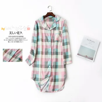 

Women Pink Grid Long Dresses Plus Size Nightgowns Long Sleeved Cotton Flannel Sleepshirts Ladies Sleepwear Female Homewear