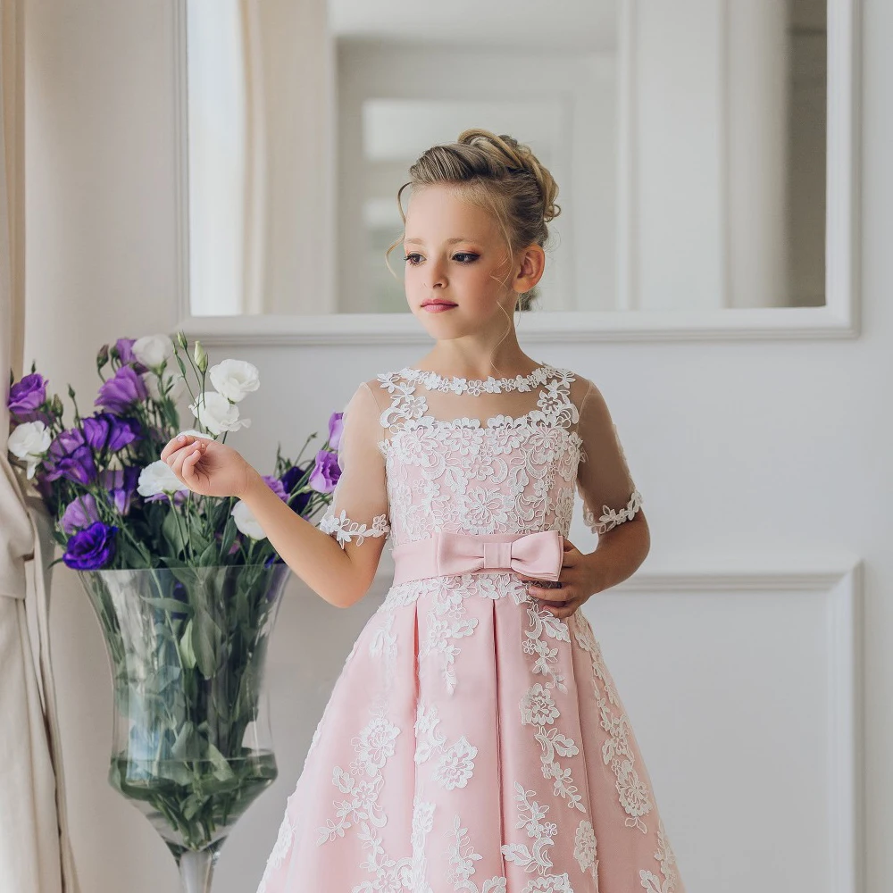 Fancy Pink Flower Girl font b Dress b font with Appliques Half Sleeves Knee Length A