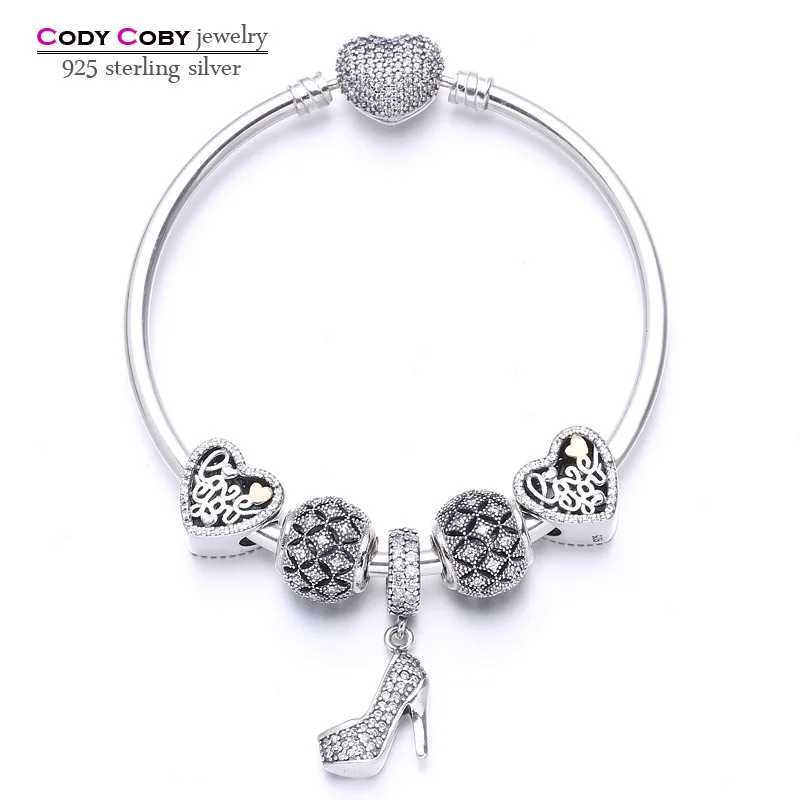 

Soild 925 Sterling Silver Clear Crystal Charm Bracelet & Bangle With Heart Stilettos Locket Beads For Women Gift Fashion Jewelry