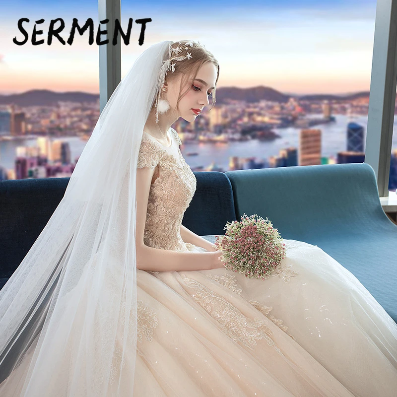

One-shoulder bride princess wedding dress 2019 luxury light champagne hand-drilled long-sleeved sexy spring summer small tail
