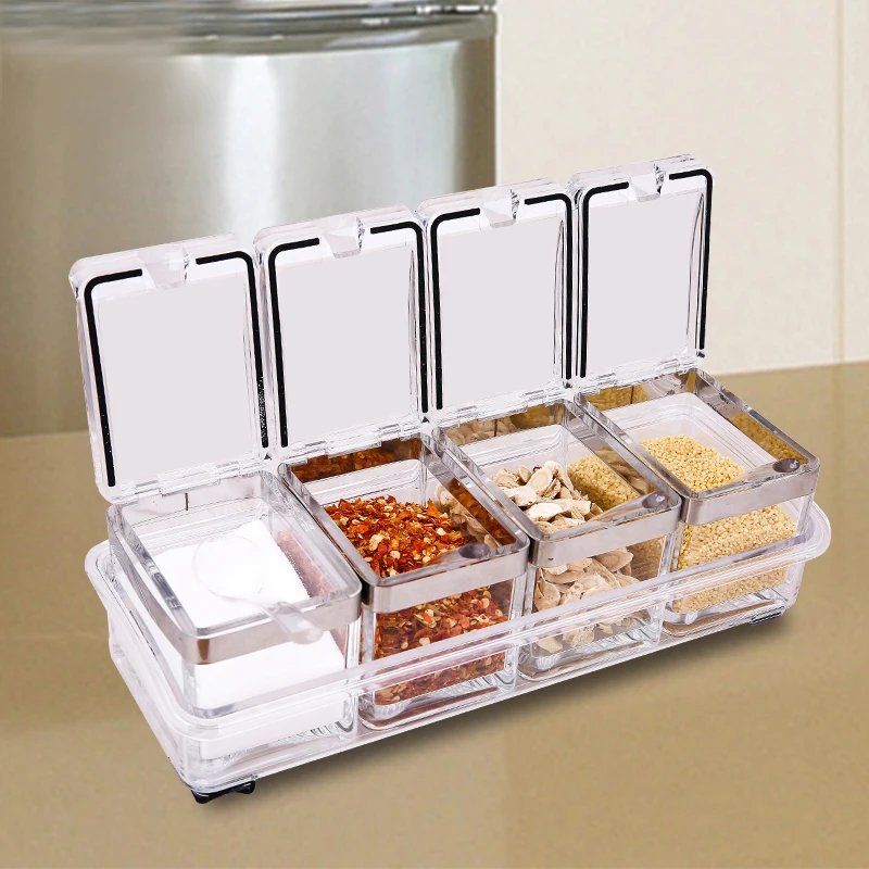 Clear Transparent Kitchen Supplies Spice Jar With Spoon Rack Herb Storage Seasoning Bottle 4pcs/Set Condiment Tools Utensils