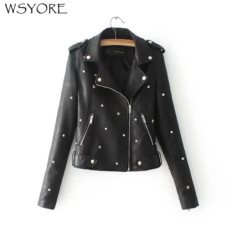 

WSYORE Slim Fashion Rivet PU Leather Lapel Jacket Women 2019 New Autumn Winter Motorcycle Zipper Outerwear Biker Jacket NS305