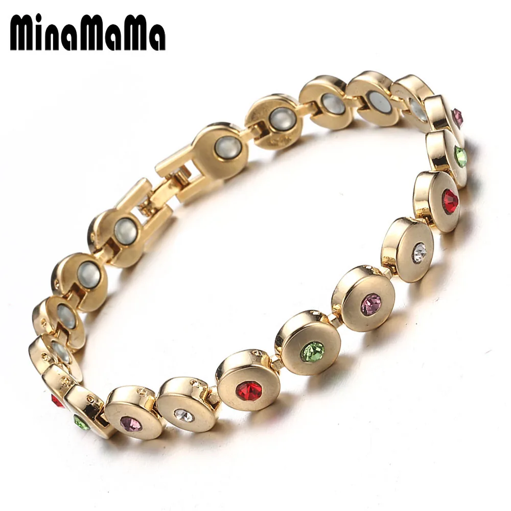 

New Fashion Colorful Crystal Gem Woman Magnetic Bracelet Gold Color Copper Germanium Healing Jewelry Bio Energy Bangles