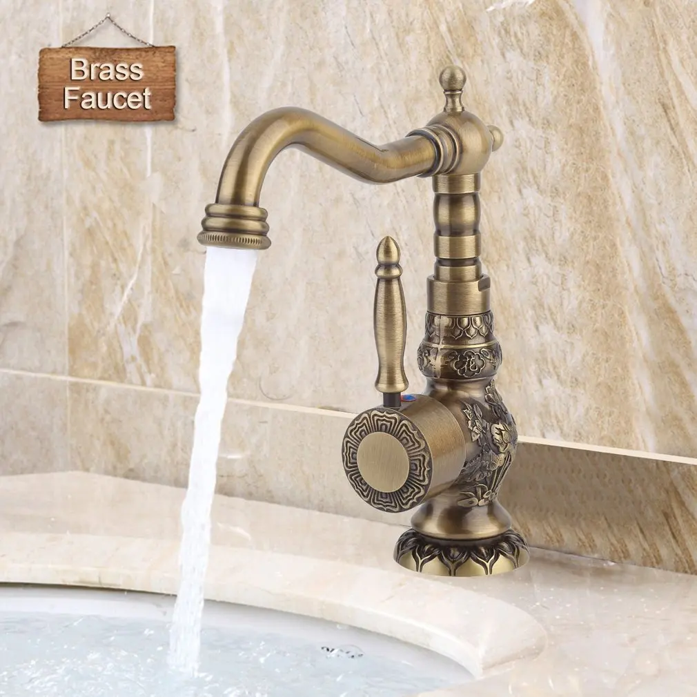 European Antique Exquisite Carved Copper Brass Basin Faucet Single Hole Rotate Mixer Ceramic Plate Spool Bathroom Tap Short/High European Antique Exquisite Carved Copper Brass Basin Faucet Single Hole Rotate Mixer Ceramic Plate Spool Bathroom Tap Short/High