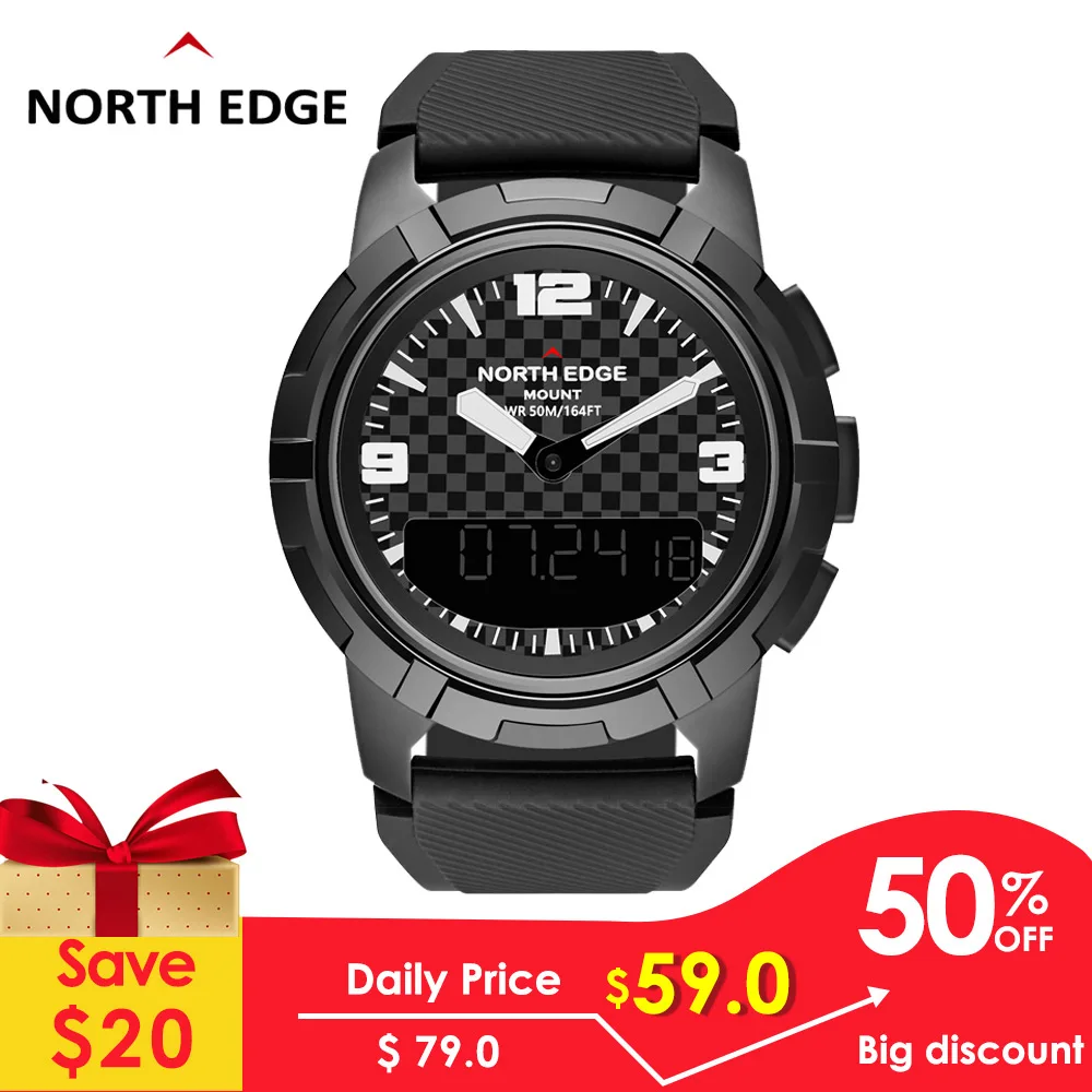 Мужские умные цифровые часы North Edge, военные армейские часы с двойным дисплеем, водонепроницаемые, 50 м, барометр, компас Мужские умные цифровые часы North Edge, военные армейские часы с двойным дисплеем, водонепроницаемые, 50 м, барометр, компас