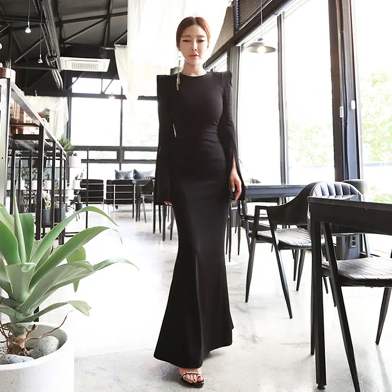 

Black Graceful Party Dress 2019 Spring Bodycon Mermaid Dress Women Flare sleeve O-neck Slim Trumpet Split Long Maxi Dress