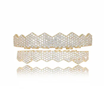 

Hip Hop Micro Pave White CZ Zircon Bling Iced Out Teeth Grillzs Top Bottom Set Gold Flat Dental Grills Men Rapper Jewelry