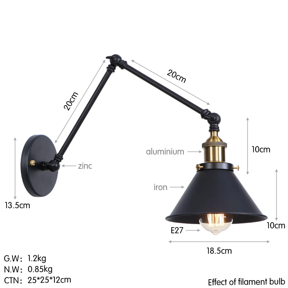 IWHD античный поворотный длинный настенный светильник светодиодный светильник для спальни железный металлический Лофт стиль промышленный настенный светильник в стиле ретро винтажное бра Эдисона - Цвет абажура: Black