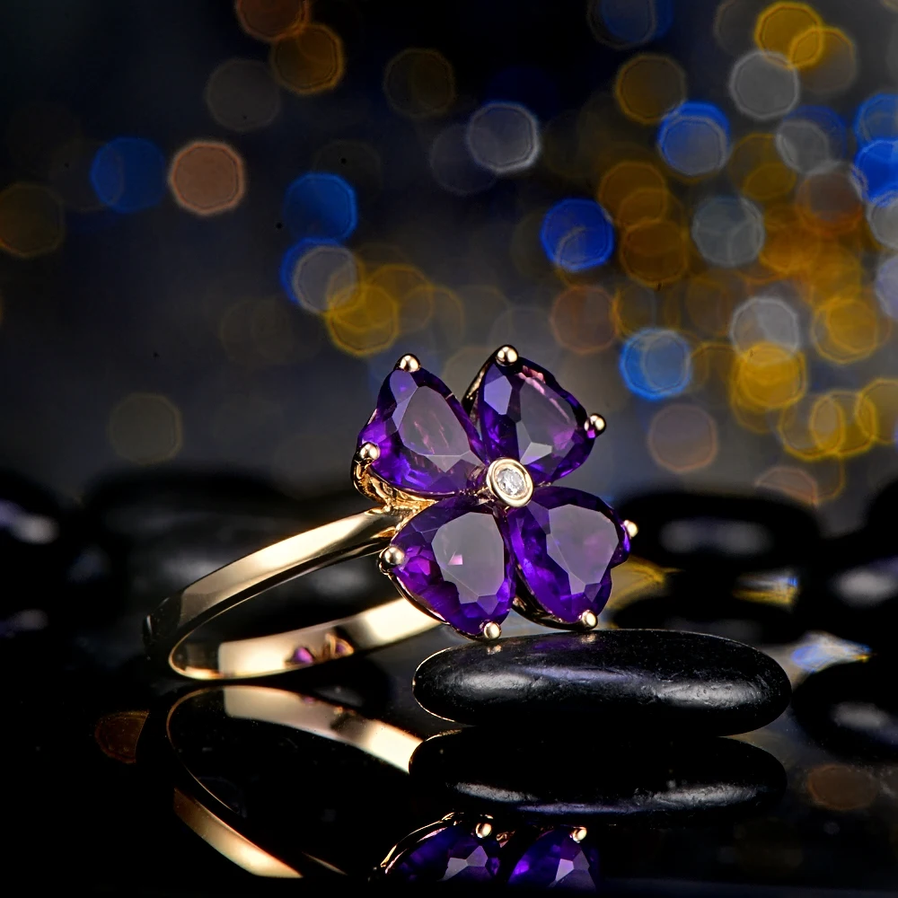 Lovely Style Heart Cut 3.0ct Amethyst 14kt Gold 0.015ct Natural Diamonds Ring Free shipping Caimao Jewelry