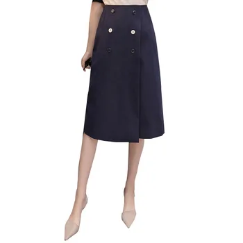 

Elegant Women's Solid Color A Line Irregular OL Style Knee Length Skirts Double Breasted Midi