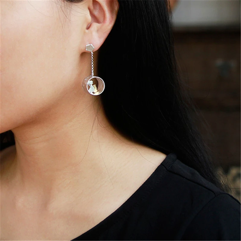 Lotus Fun Real 925 Sterling Silver Earrings Creative Handmade Fine Jewelry Meeting Love With Cat Drop Earrings for Women Brincos