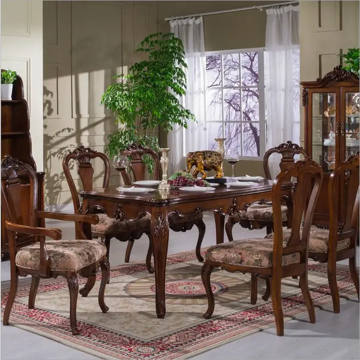 Antique Style Italian Dining Table, 100% Solid Wood Italy Style Luxury Dining Table Set 5011A