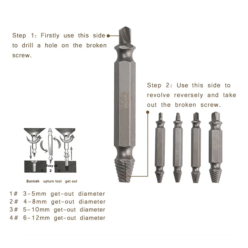4 шт./кор. двухсторонний Винт экстрактор Сверла Набор для удаления сломанных болтов шпильки для металла поврежденный Винт экстрактор набор инструментов