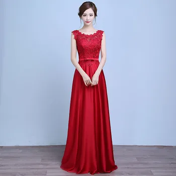 

Holievery Scoop Neck Lace Satin Long Evening Dresses with Bow 2019 Royal Blue Red Floor Length Formal Evening Gown Robe Soiree