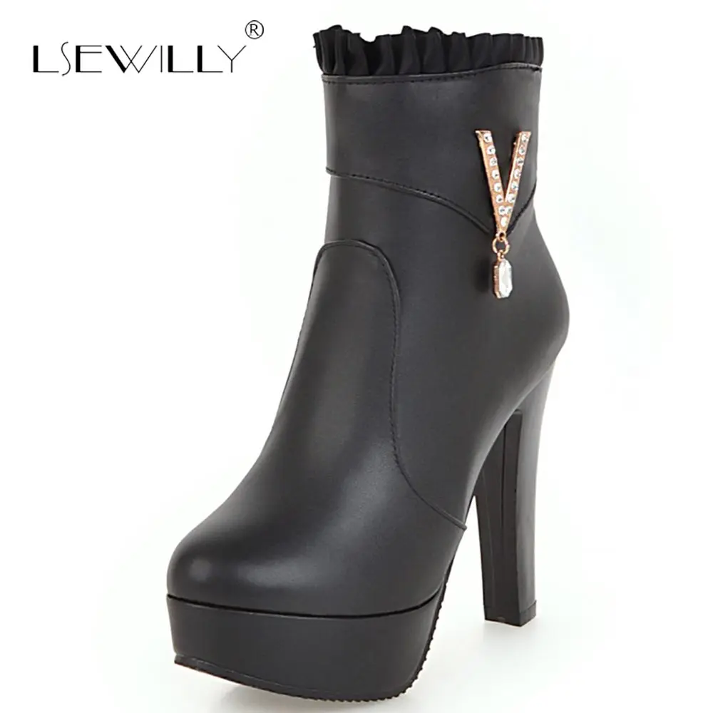 

Lsewilly 2018 Big Size 33-46 Thick Platform Women Shoes Woman High Heel Round Toe Winter Boots White Black Lace Ankle Boots S772