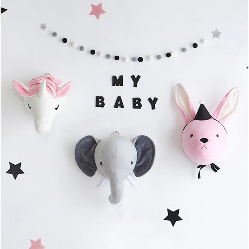 

Children Roon Wall Stuffed Plush Toy Elephant Rabbit Unicorn Baby Bedroom Decoration Animal Head Wall Decorate Toy Doll for Kids