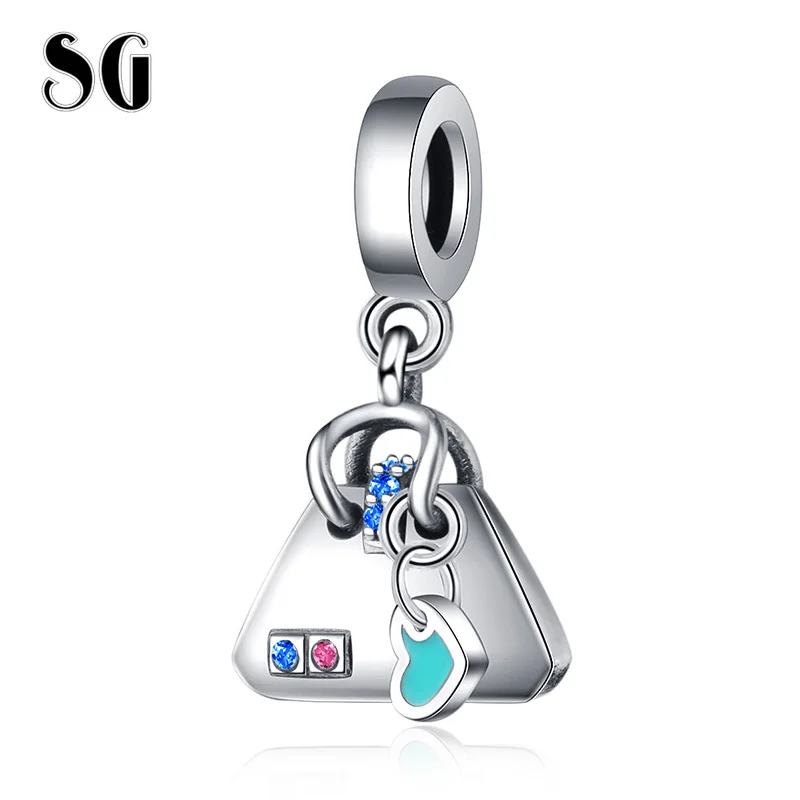 

SG New 925 sterling silver Handbag Charms with Blue Enamel Pave Blue CZ beads Fit European Bracelet for Women 2019 DIY Jewelry