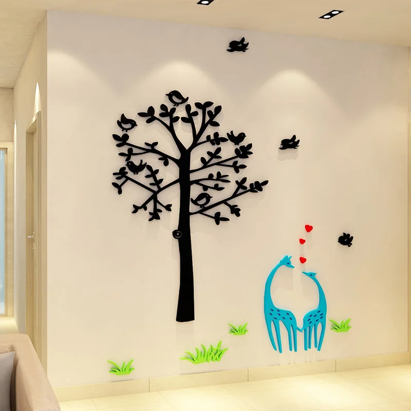 

Cartoon Blue Deer Lovers And Tree Sticker Acrylic Wall Sticker Kids Room School Decoration