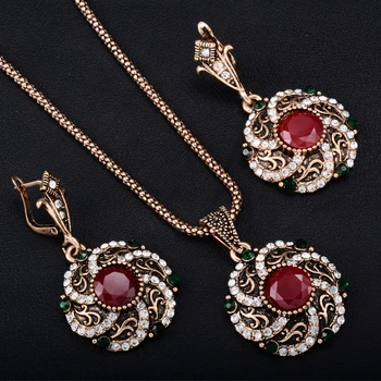 

Gorgeous Turkey Bridal Jewelry Sets For Women Vintage Look Red Resin Necklace Earrings Set Gold-Color Flower Love Bijoux
