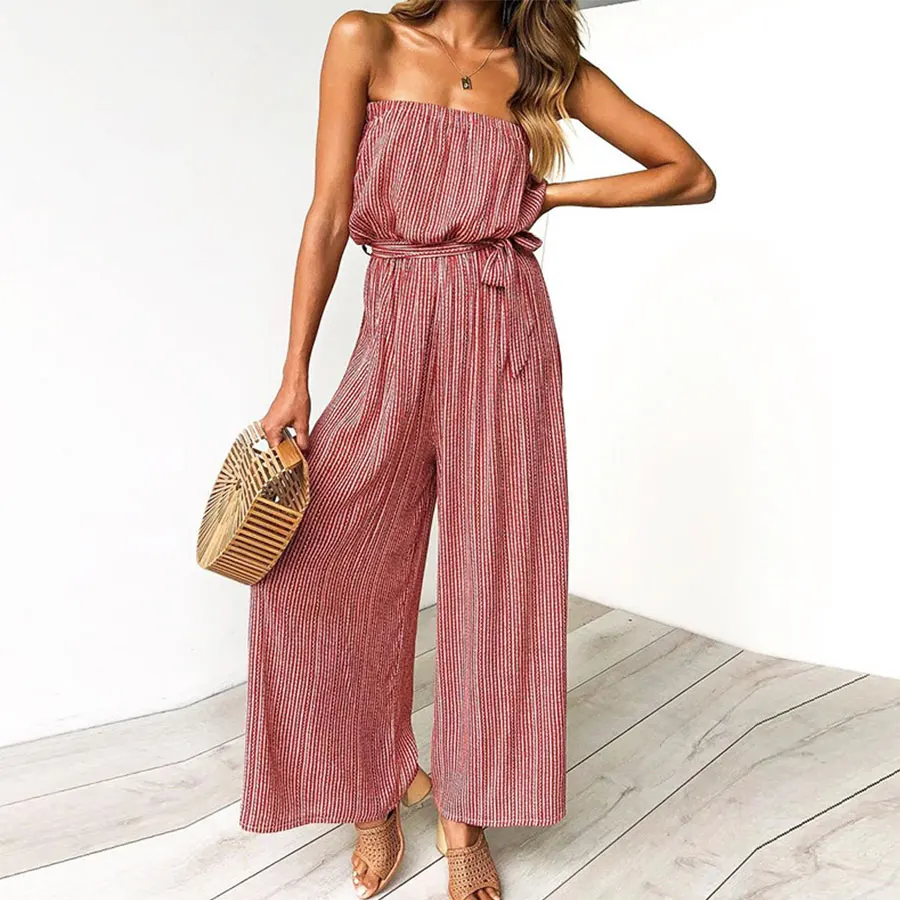 

Sexy Strapless Striped Loose Jumpsuits Women Summer Casual Backless Lace Up Wide-leg Rompers Ladies Fashion Simple Playsuits New