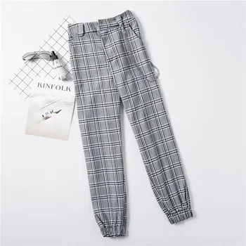 

summer new casual wild high waist plaid chain casual pants female slim tooling beam mouth high waist pants women