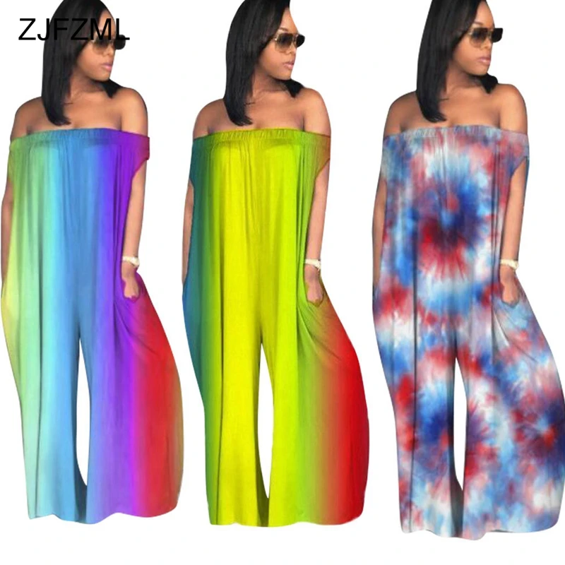 ZJFZML Womens Plus Size Rompers Summer Tie Dye Print Casual Loose Overalls Ladies Backless Off Shoulder Sexy Club Jumpsuits