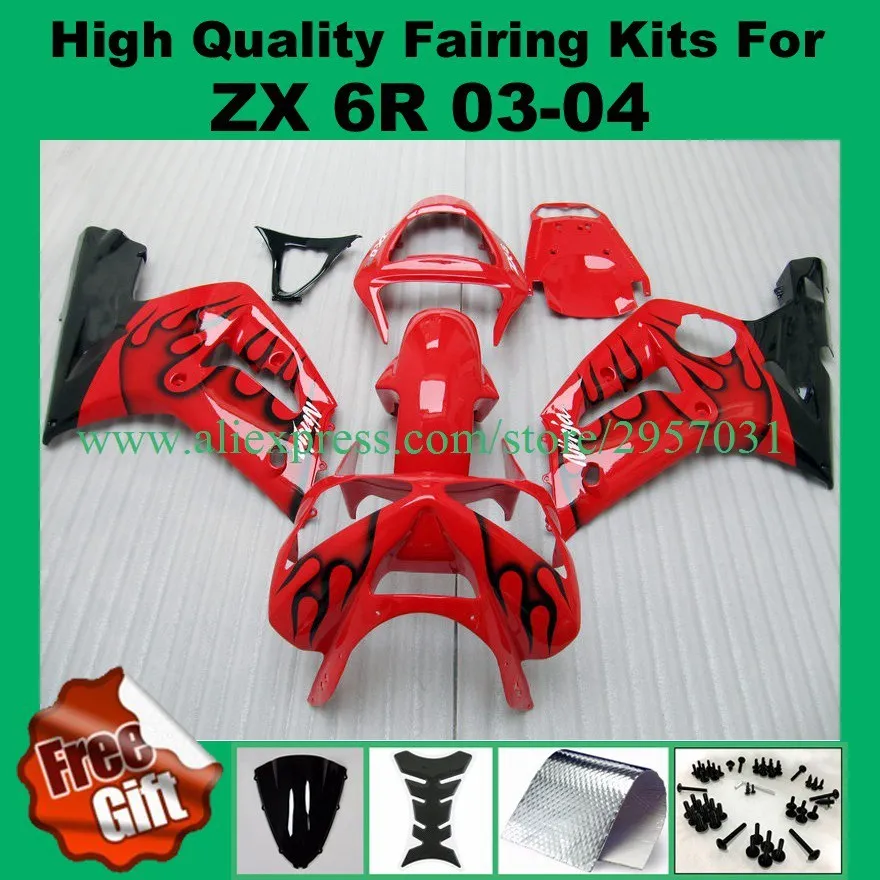 Free screws+gifts Injection mold Fairing kit for KAWASAKI Ninja ZX6R 636 03 04 ZX 6R 2003 2004 Red Flames Fairings set |
