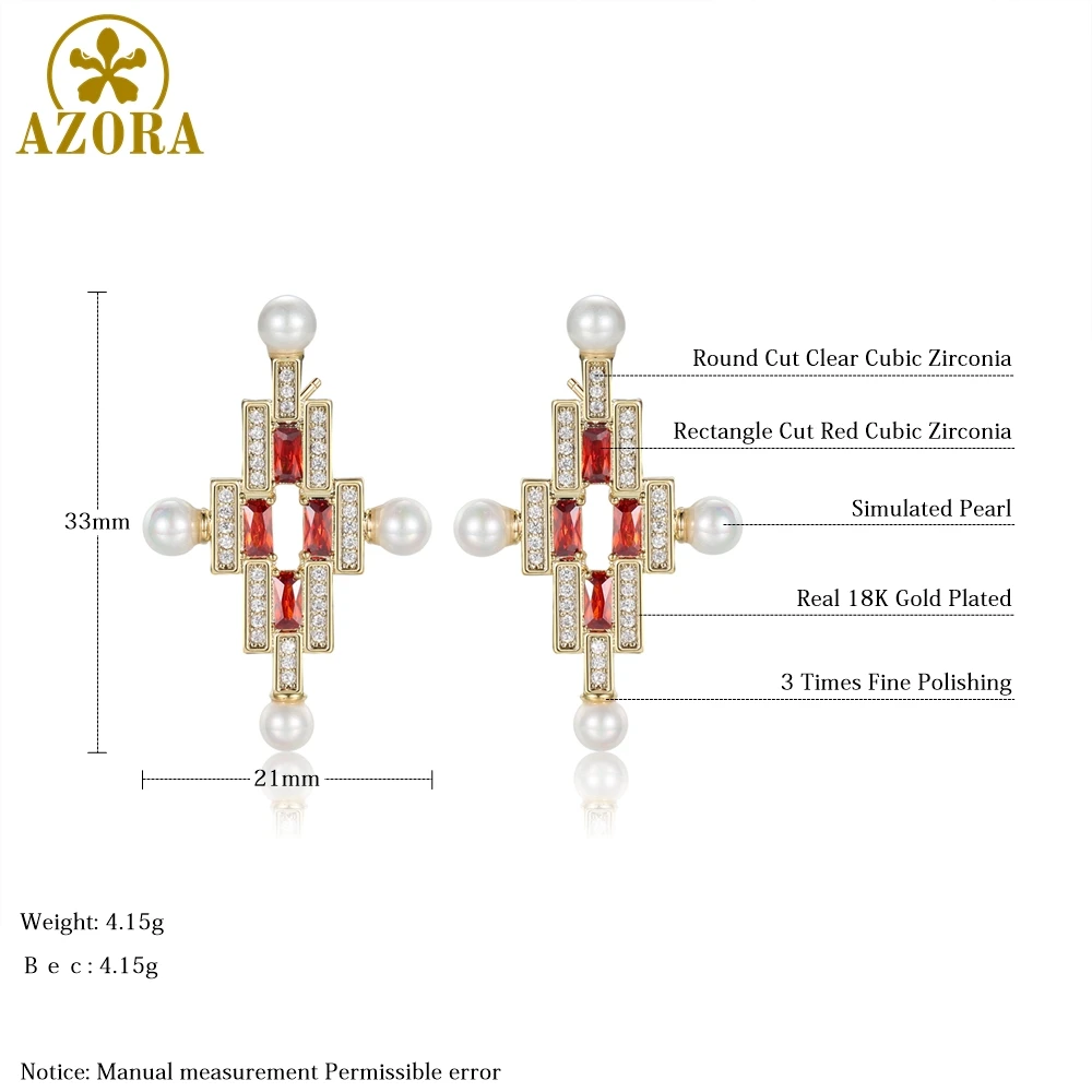 AZORA/милые серьги-гвоздики с жемчугом для женщин, вечерние, роскошные, красный фианит, изысканные женские ювелирные изделия Pendientes TE0387