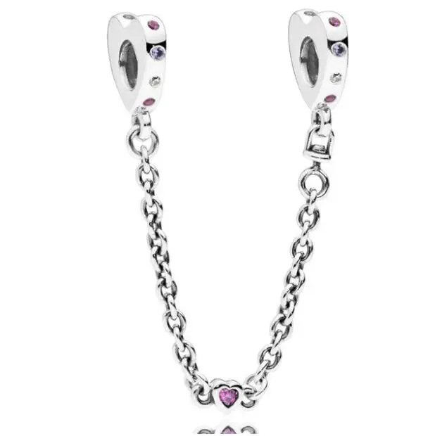 

925 Sterling Silver Charm Two Stone-embellished Bright Hearts Safety Chain Bead Fit Pandora Bracelet & Necklace Diy Jewelry