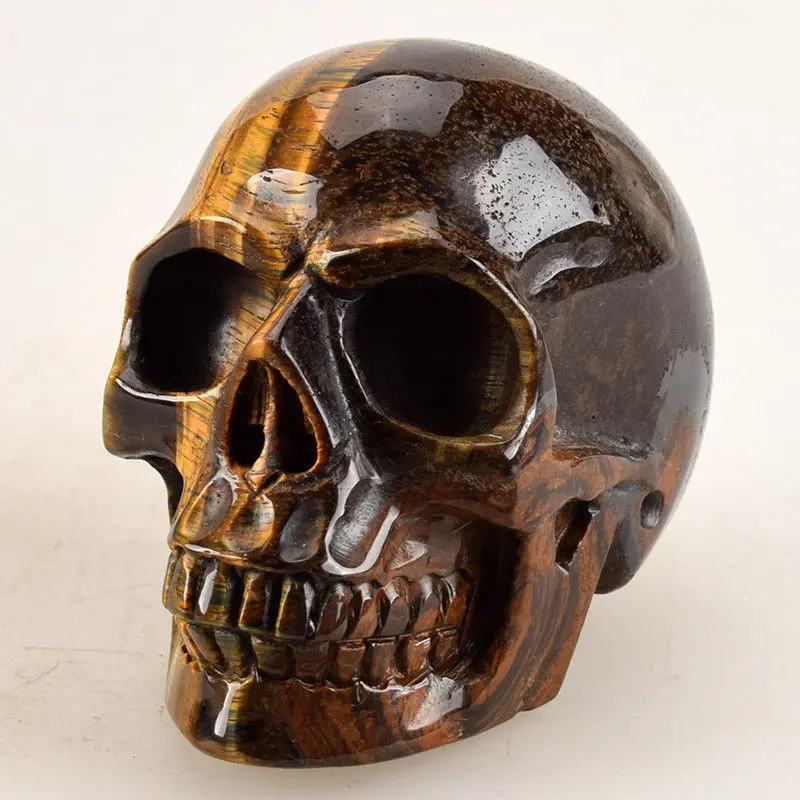 

4.0" Reiki Healing Quartz Crystal Skull Natural Tiger Iron Eye Carved Crystal Skull Figurine Gemstone Skull Statues Home Decor