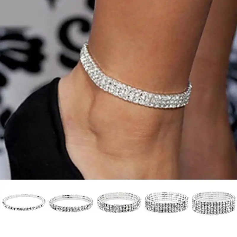 

Woman Silver Ankle Bracelet Stretchy 1 2 3 4 5 Rows Anklet Chain