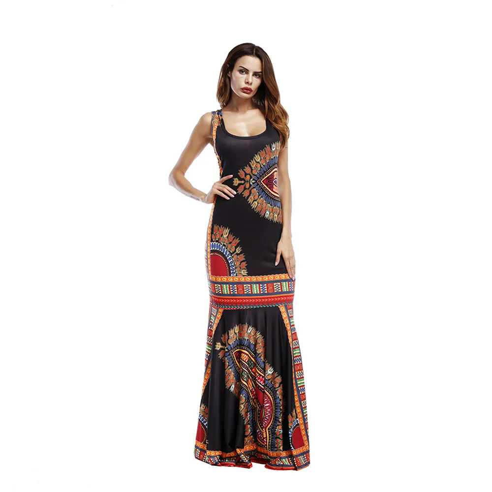 Summer Folk African Dress 2017 Print Pencil Bodycon Long Maxi Work Dresses Women Mermaid Sleeveless O Neck Casual Party Dress (3)