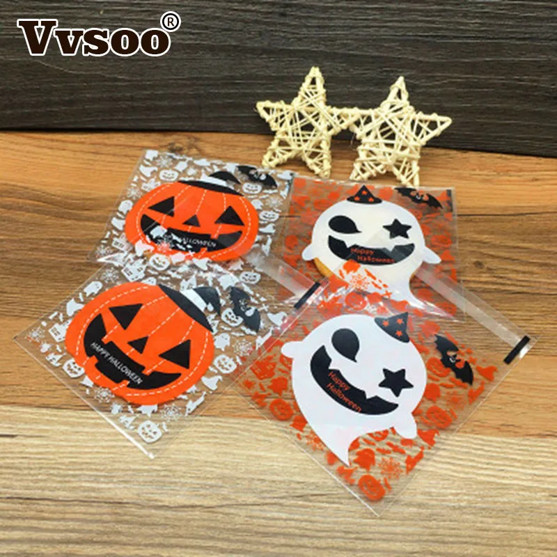 

100Pcs Halloween Decoration Plastic Candy Cookies Bag ghost/pumpkin Gifts Bags Self-adhesive Packaging Bags Party Supplies