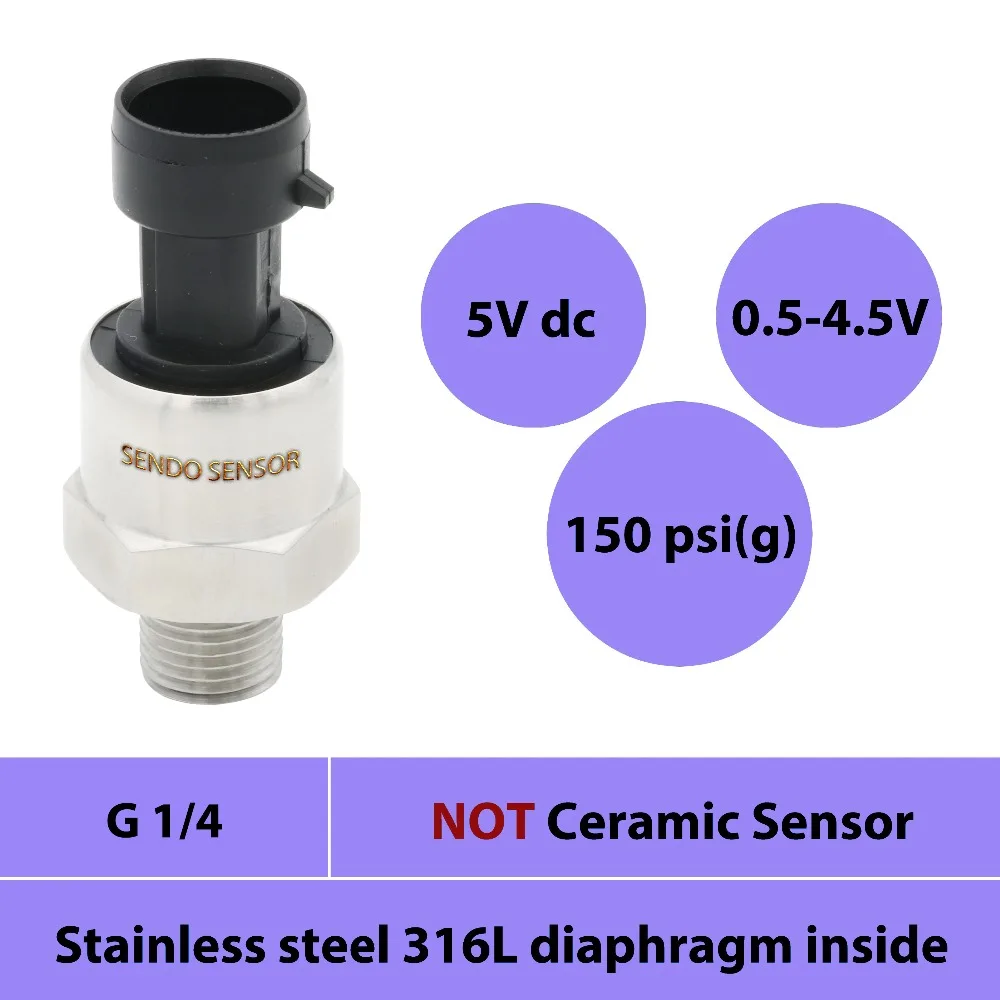 Датчик давления, 0 150psi, 10 бар, 1 МПа, 0,5 4,5 в сигнал, диафрагма из нержавеющей стали 316L, G1 4, 5Vdc поставка, газ