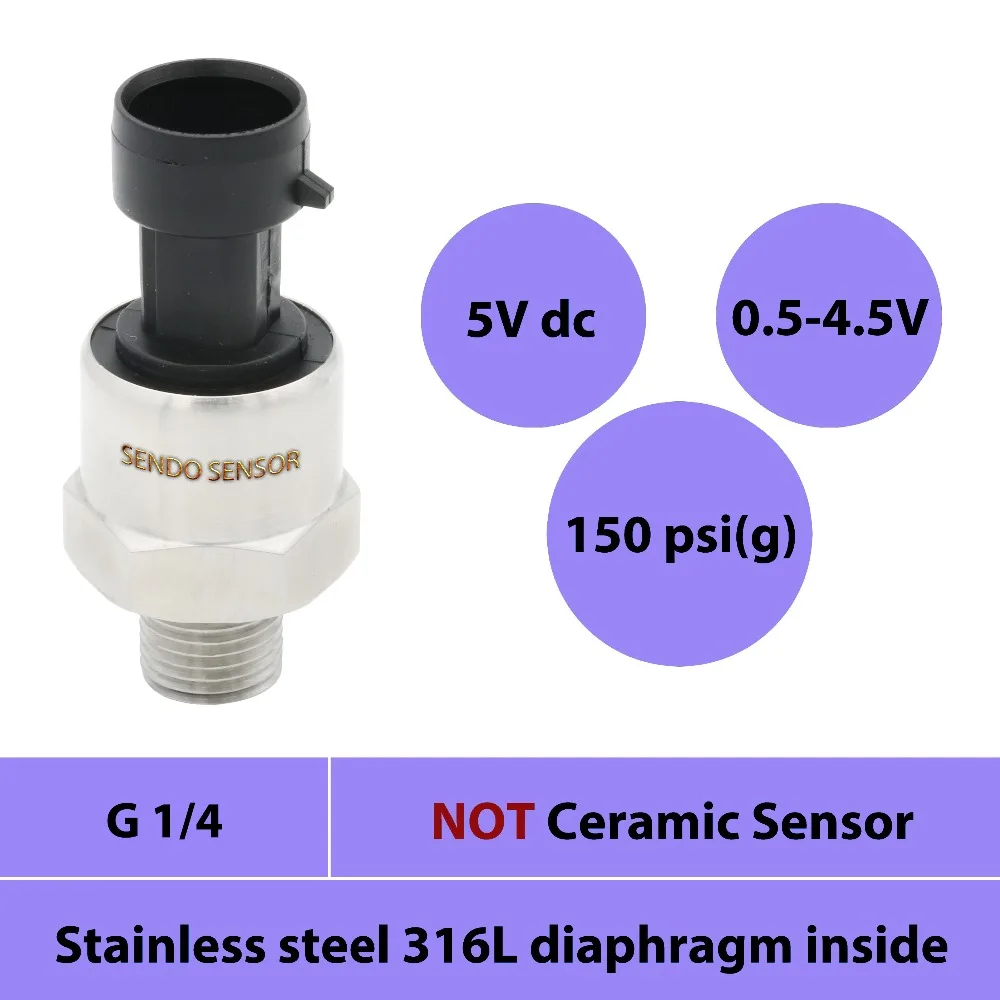 

pressure sensor transducer, 0 150psi, 10bar, 1Mpa gauge, 0.5 4.5V signal, stainless steel 316L diaphragm, G1 4, 5Vdc supply, gas