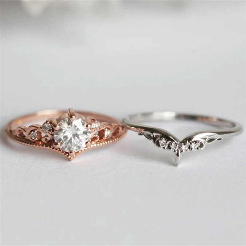 Классический стиль, 2 шт., свадебные кольца в форме короны, наборы для женщин, розовое белое золото, кубический цирконий, подарок, модное ювелирное изделие, KAR363
