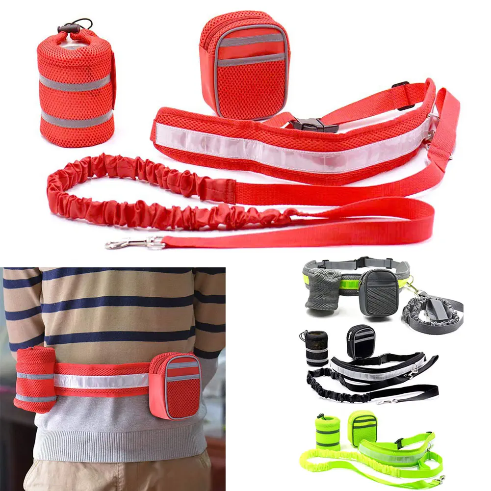 Buy Adjustable Waist Belt Zipper Bag Dog Leash With Reflective Strip Elastic
