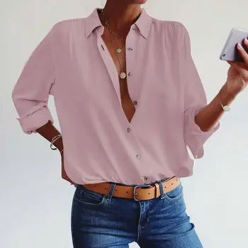 

Sexy Women Shirts Solid V-Neck Button Blouse Tops Long Sleeve Loose shirt Blouses Lady KSummer Casual Chic Shirts S-XL