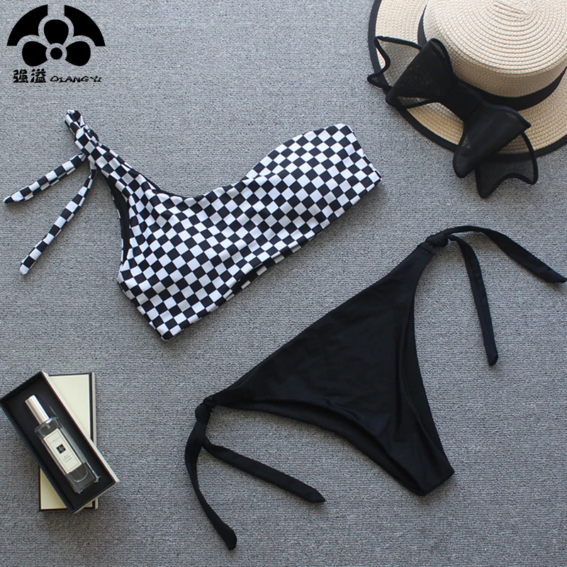 

2019 Push Up Sexy Bikini Set Plaid One Shoulder Swimwear Women Swimsuit Female Separate Bathing Suit Women Bikinis Bandage Beach
