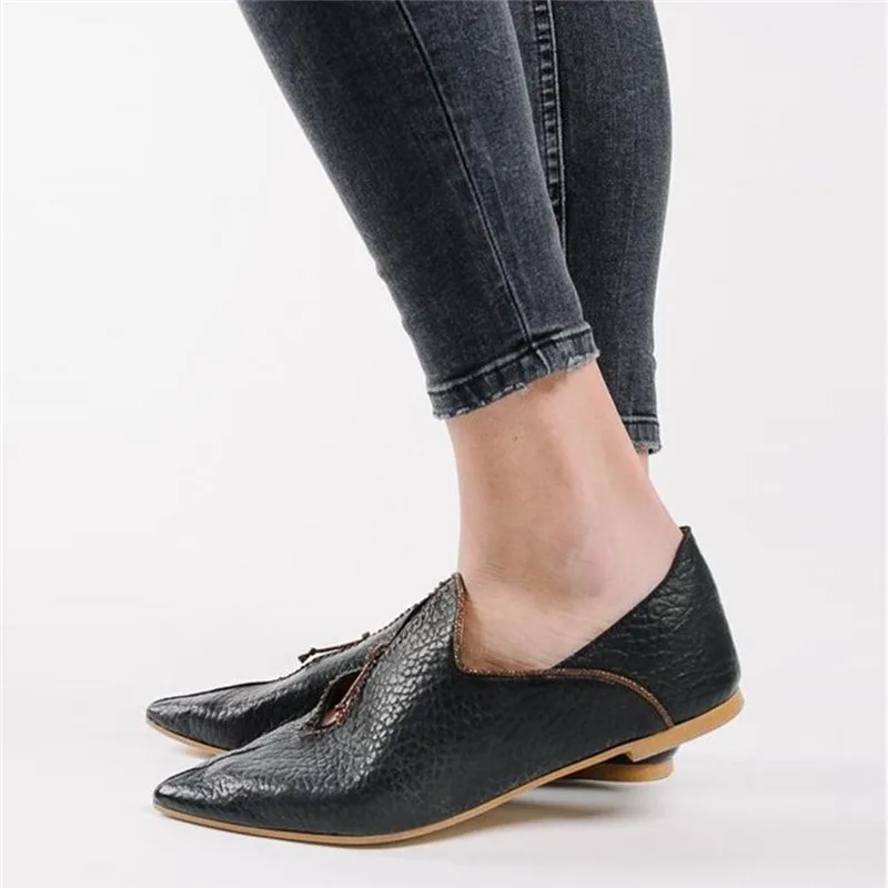 Retro Women Leather Flats Shoes Fashion Pointed Toe Office Lady Shoes Slip On Loafers Women Soft Low Heel Driving Shoes#40