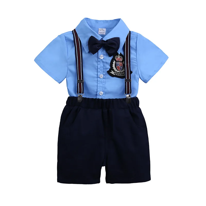 

Formal Boys Clothes Kids Blue Shirt with Bows and Suspender Shorts Outfit Toddler Boys Clothing Set