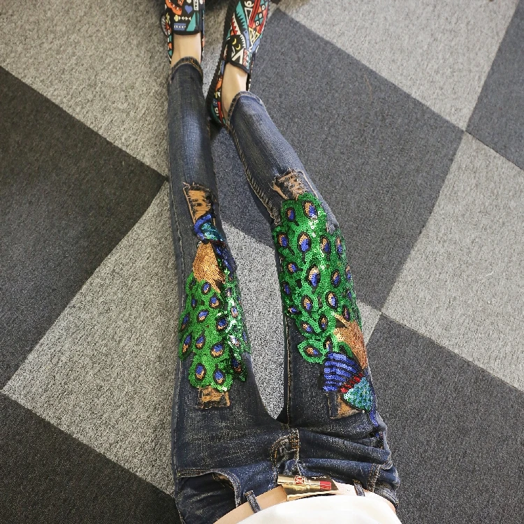 

Thick Velvet Autumn Winter Women Denim Pants Stretch Skinny Jean Female Pencil Trousers Slim Peacock Sequins Students Jeans Long